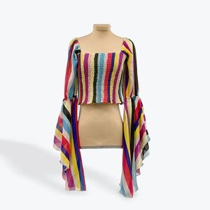 Truth NYC Rainbow Striped Smocked Bell Sleeve Crop Top Festival Party